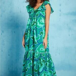 Anthropologie Ro’s Garden Tropical Print Floral Blue Green Maxi Dress -M